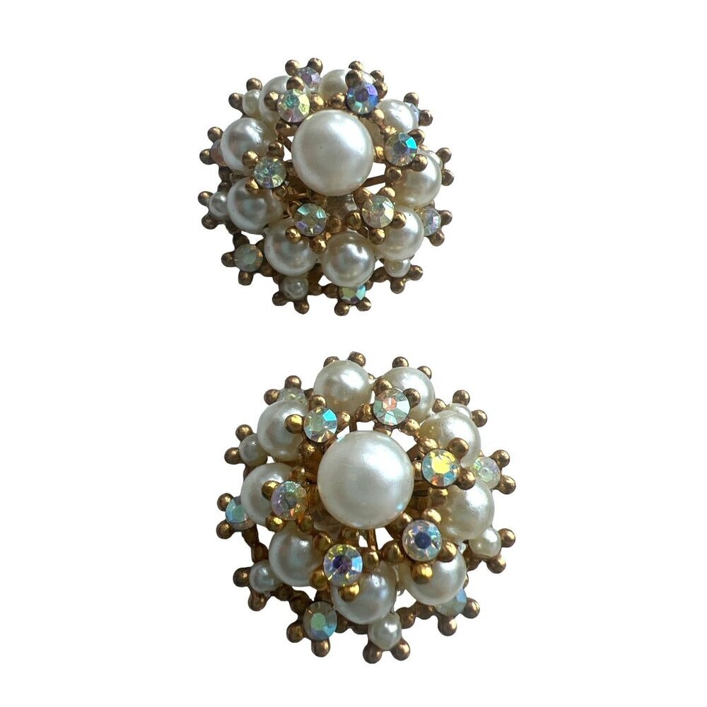 Vintage Clip-on Earrings Faux Pearl Dome with AB Crystals Gold Tone 1” Round